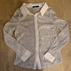Cure Silver Sequin Button-Up Blouse